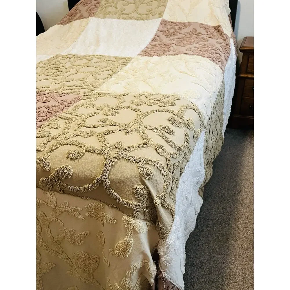 Vintage Mauve Tan Chenille Bedspread King Cream Block coverlet Cottage Grannycor